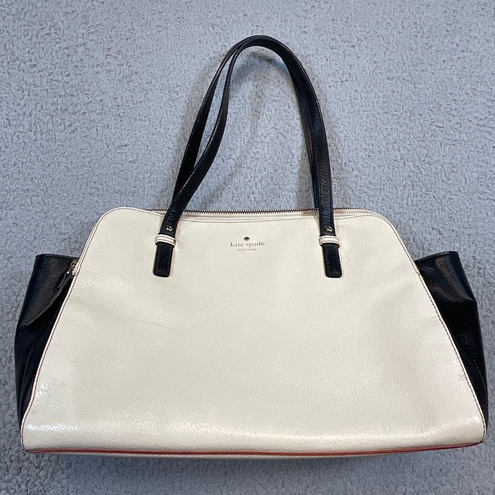 Kate Spade Tote Bag Womens Large Cream Black Leather Classic Colorblock Zip
